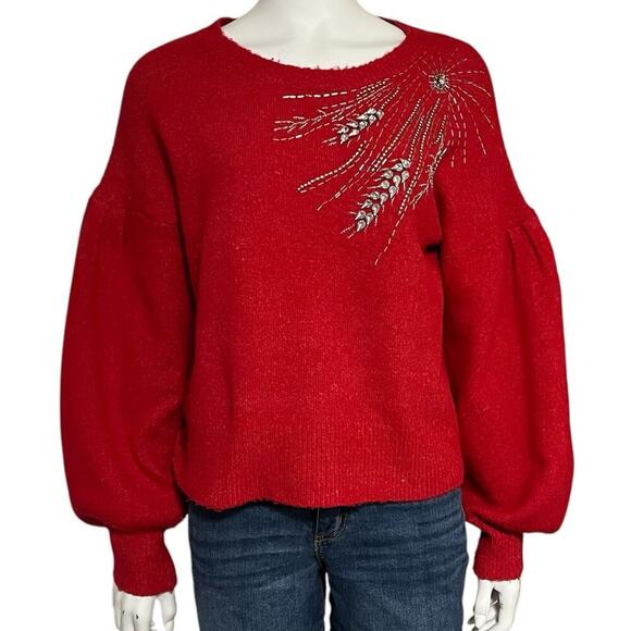 Broadway 38 Vintage Red Rhinestone Embellished Puff Sleeve Sweater Size Large - Picture 1 of 9